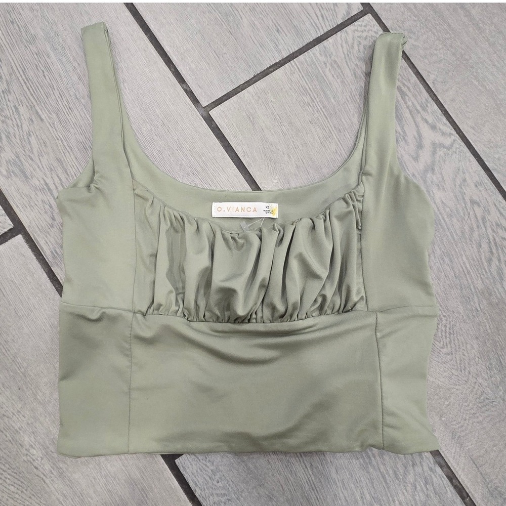O.Vianca Sage Green Ruched Bust Scoop Neck Sleeveless Crop Top XS